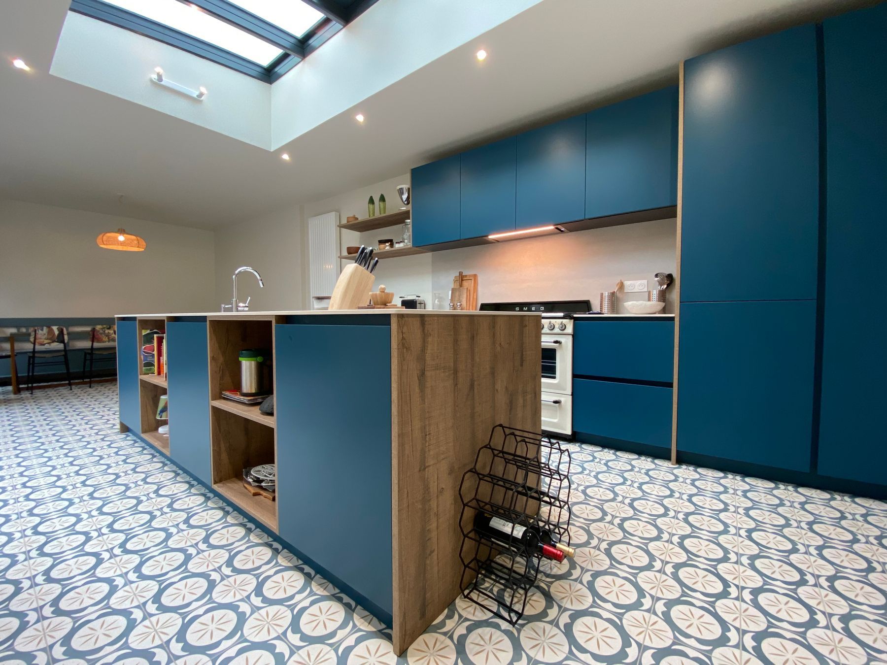 A finished modern kitchen with skylights